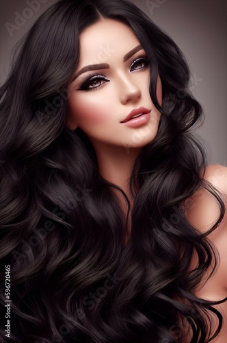 Beautiful black-haired girl with a perfectly curls hair. Ai Generated