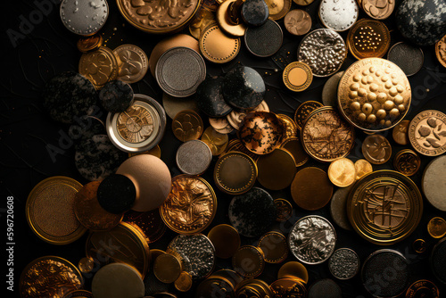 gold buttons and cufflinks on a black background with copy space, glare and bokeh. Generative AI