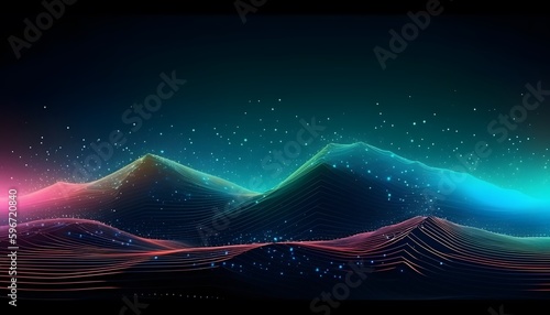 Vrtual reality, cyberspace, data technology background with dots and binary code on 3D wave landscape. Big data and science, computing, digital processing and storage, , metaverse, high speed interne