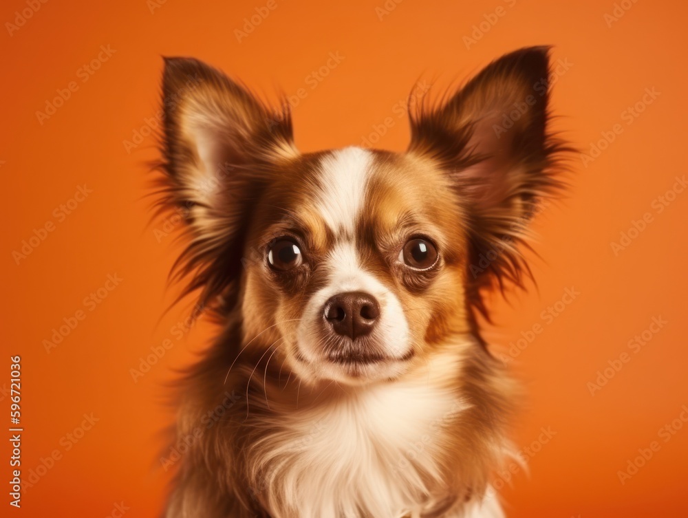 Funny little dog at orange background. Generative AI