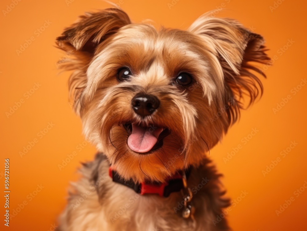 Fototapeta premium Funny little dog at orange background. Generative AI