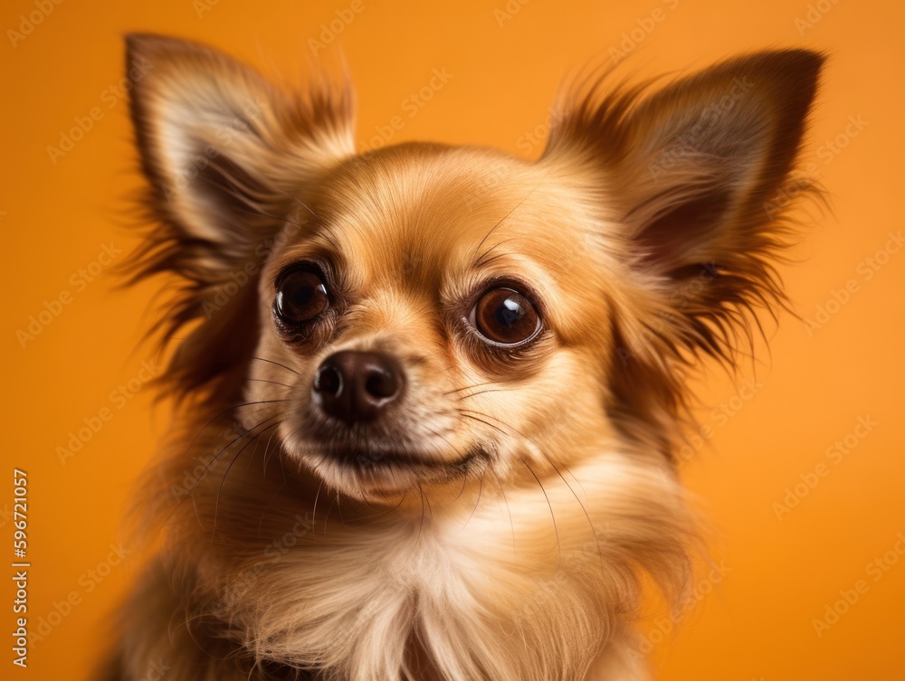 Funny little dog at orange background. Generative AI Funny little dog at orange background. Generative AI