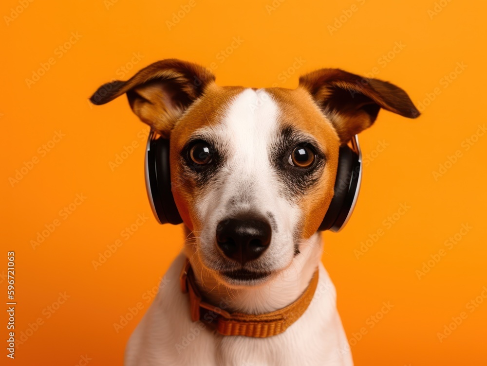 Funny little dog at orange background. Generative AI Funny little dog at orange background. Generative AI