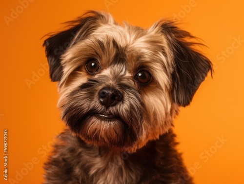 Funny little dog at orange background. Generative AI