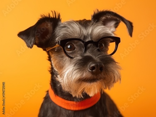 Funny little dog in glasses at orange background. Generative AI