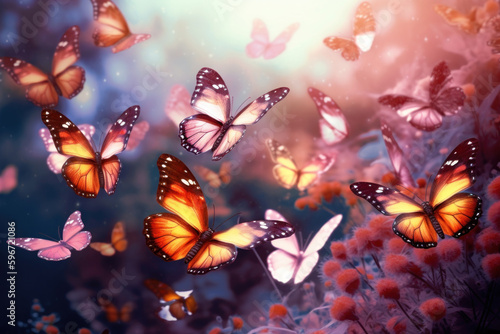 Colorful butterflies flying in the magical forest with a blurry background. Generative ai.