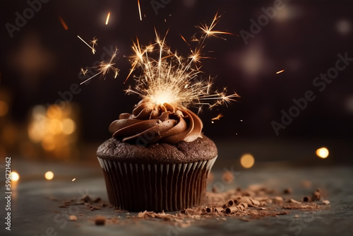 A chocolate cupcake with a sparkler on top generative ai
