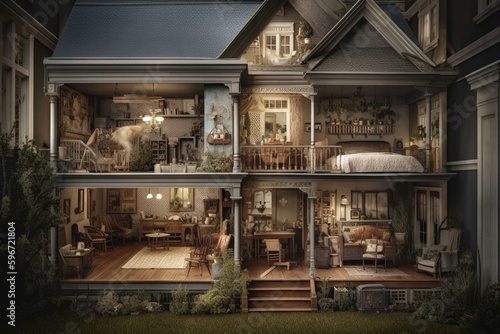 Elaborate depiction of traditional home's cutaway view. Generative AI photo