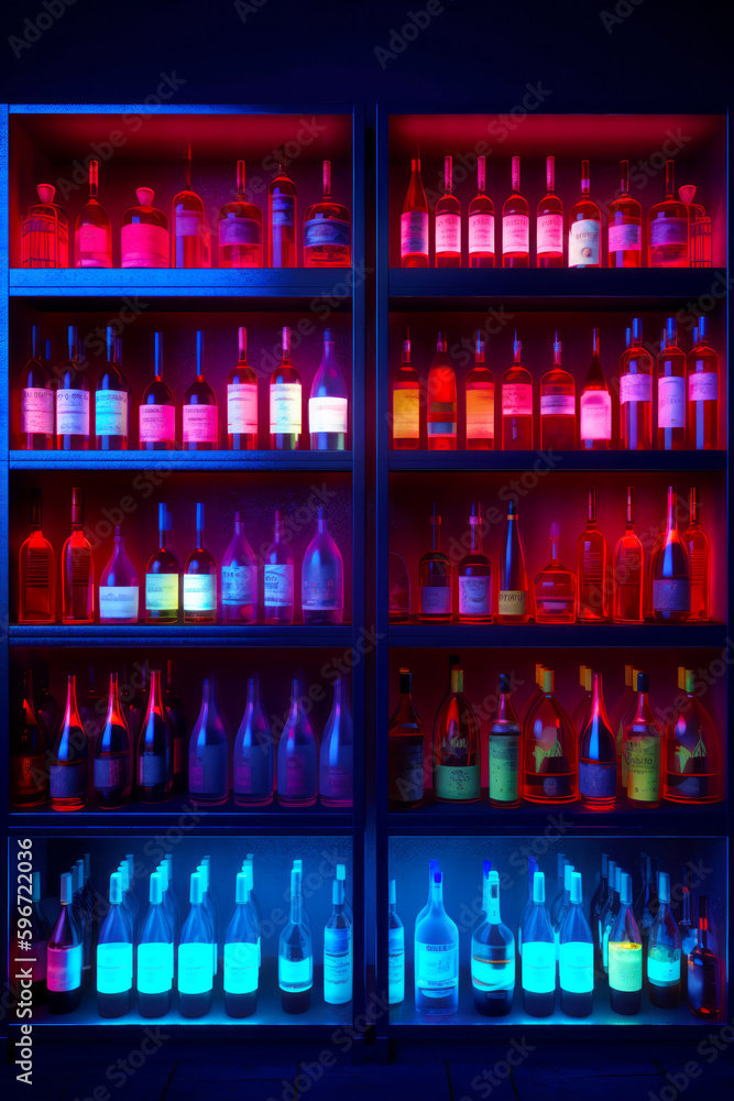 Shelf filled with lots of bottles of different colors and sizes in room. Generative AI.