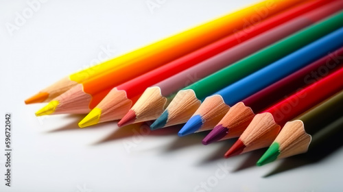 Row of colored pencils sitting next to each other on white surface. Generative AI.