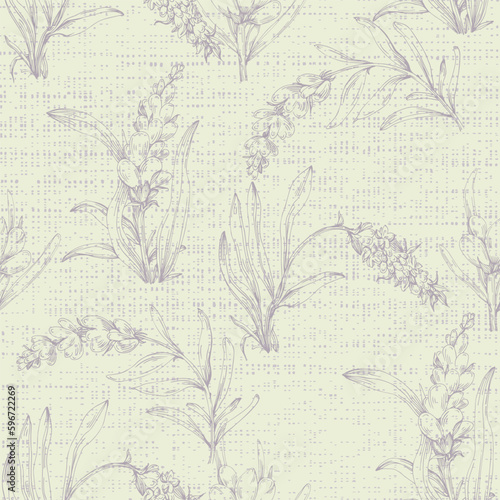 Hand drawn Lavender seamless flowers repeat pattern. Surface pattern design. Elegant lavender background. Vintage sketch. Botanical illustration. Vector pattern or card design.