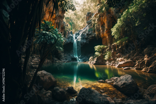 Image of waterfall in the middle of jungle with pool of water. Generative AI.