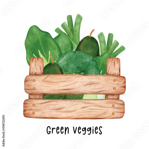 group of assorted green vegetables watercolour in wooden garden container basket hand painted isolated on white background