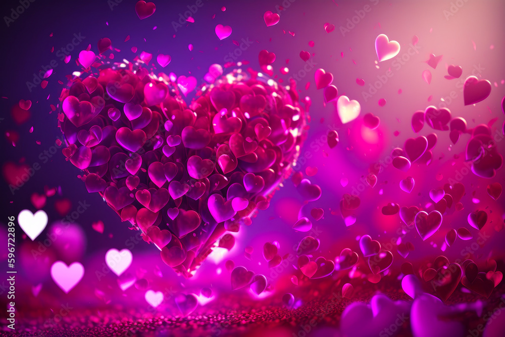 Heart shaped object with many small hearts on purple and pink background. Generative AI.