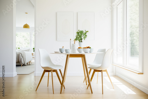Dining room table with white chairs and potted plant on top of it. Generative AI. © valentyn640