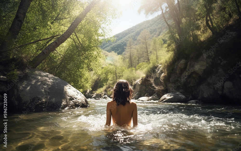 Lifestyle portrait of young woman standing in stream, Generative AI Lifestyle portrait of young woman standing in stream, Generative AI