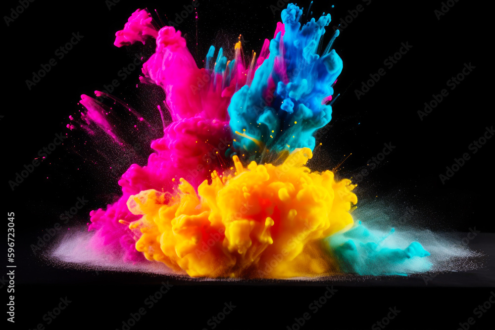Group of colored powders are being thrown into the air on black background. Generative AI.
