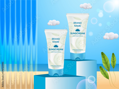 3D realistic minimal cosmetic product advertisement for summer skincare. Summer background with tropical leaves Vector illustration.