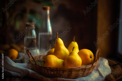Basket filled with yellow pears next to bottle of water and glass of water. Generative AI.