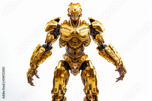 Gold robot that is standing on white surface with white background. Generative AI.