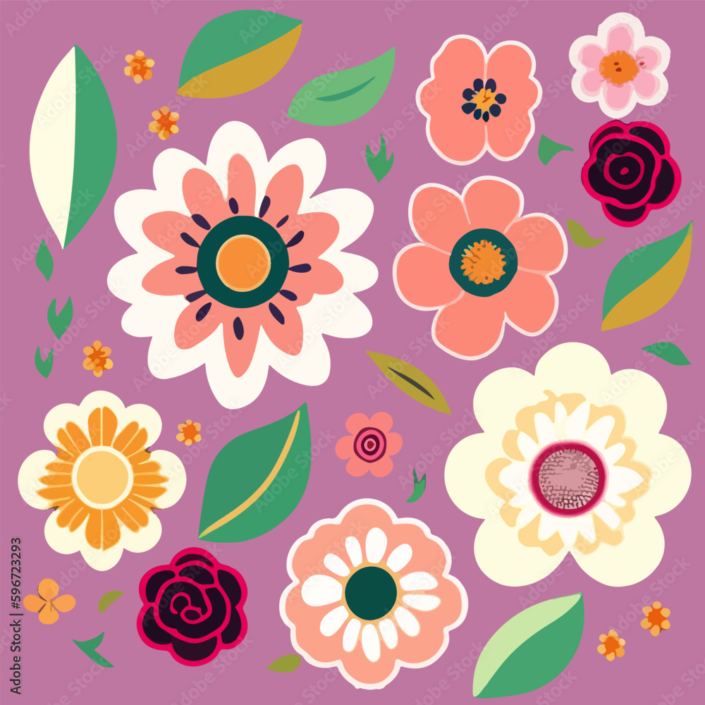 Set of flat floral stickers on a pink background. Vector illustration for print Set of flat floral stickers on a pink background. Vector illustration for print