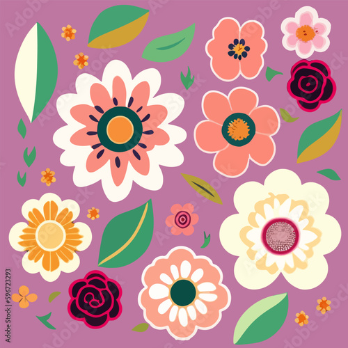 Set of flat floral stickers on a pink background. Vector illustration for print © Dav_782