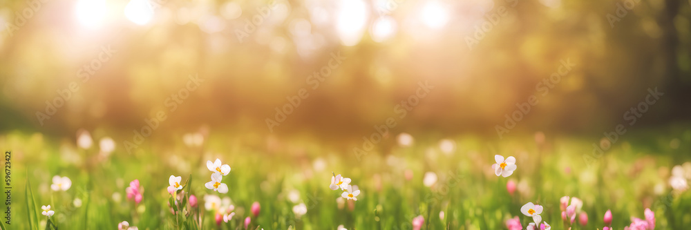 Panoramic view of a blooming meadow, blurred background, spring illustration