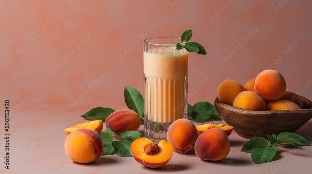 Apricot milkshake in a mug on the table with apricots. Summer delicious drink on a orange background. AI generated Apricot milkshake in a mug on the table with apricots. Summer delicious drink on a orange background. AI generated