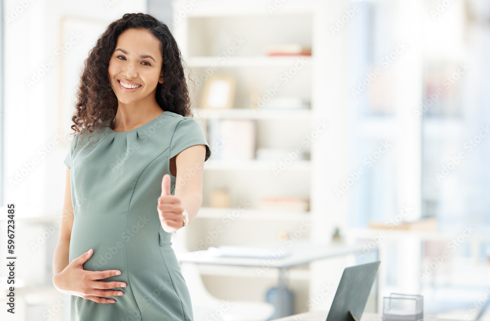 Managing her pregnancy and professional career seamlessly. Portrait of a pregnant businesswoman showing thumbs up in an office. Managing her pregnancy and professional career seamlessly. Portrait of a pregnant businesswoman showing thumbs up in an office.