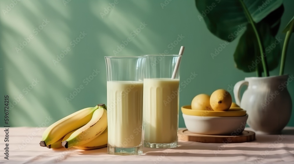 Banana milkshake in a mug on the table with bananas. Summer delicious drink on a green background. AI generated