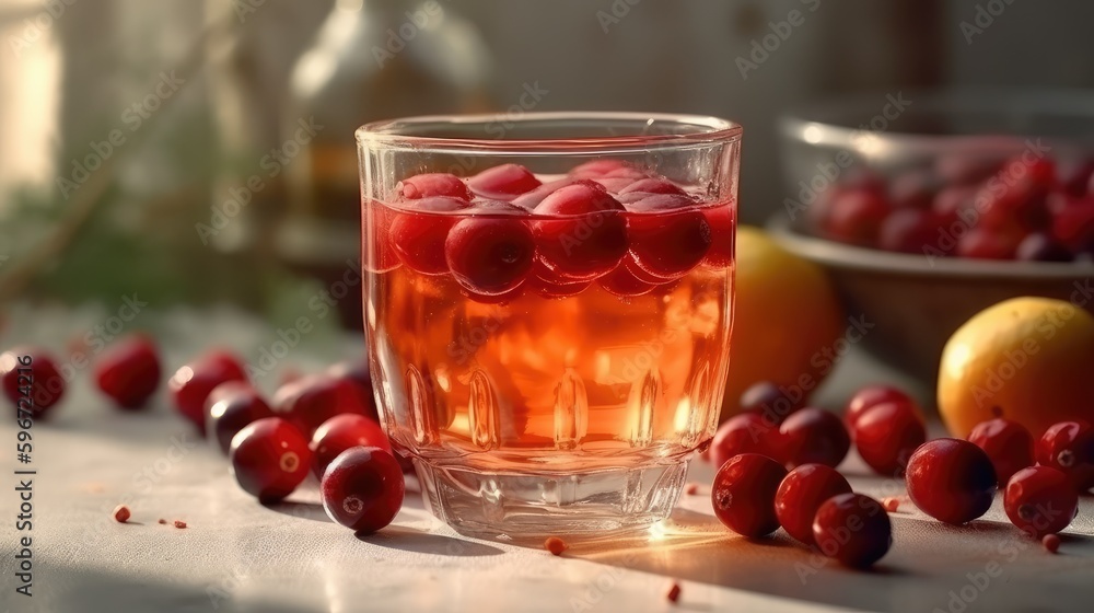 Cranberry juice in a mug on the table with cranberries. Summer delicious drink on a blurry background. AI generated Cranberry juice in a mug on the table with cranberries. Summer delicious drink on a blurry background. AI generated