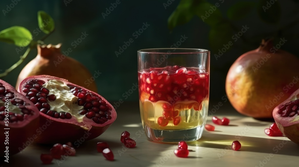 Pomegranate juice in a mug on the table with pomegranates. Summer delicious drink on a green background. AI generated Pomegranate juice in a mug on the table with pomegranates. Summer delicious drink on a green background. AI generated
