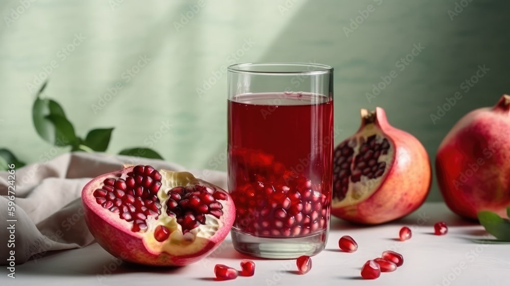 Pomegranate juice in a mug on the table with pomegranates. Summer delicious drink on a green background. AI generated Pomegranate juice in a mug on the table with pomegranates. Summer delicious drink on a green background. AI generated