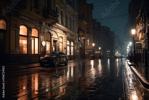 Rainy evening in the city street  cinematic light. Generated Ai