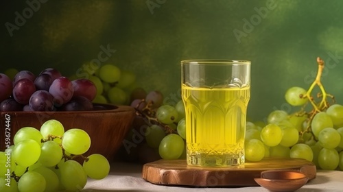 Grape juice in a mug on the table with grapes. Summer delicious drink on a green background. AI generated