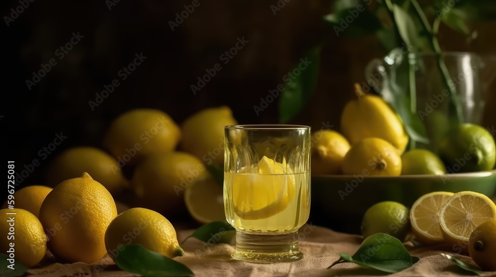 Lemon juice in a mug on the table with lemons. Summer delicious drink on a blurry background. AI generated Lemon juice in a mug on the table with lemons. Summer delicious drink on a blurry background. AI generated