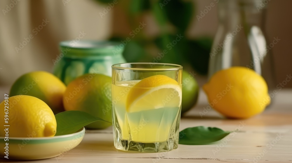 Fototapeta premium Lemon juice in a mug on the table with lemons. Summer delicious drink on a green background. AI generated