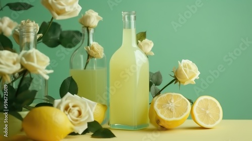 Lemon juice in a mug on the table with lemons. Summer delicious drink on a green background. AI generated