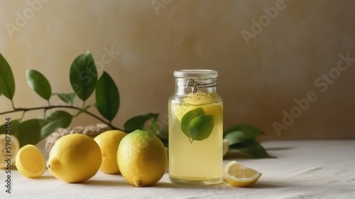 Lemon juice in a mug on the table with lemons. Summer delicious drink on a brown background. AI generated