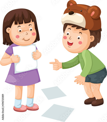 children play educational game by placing blank paper vector character illustration