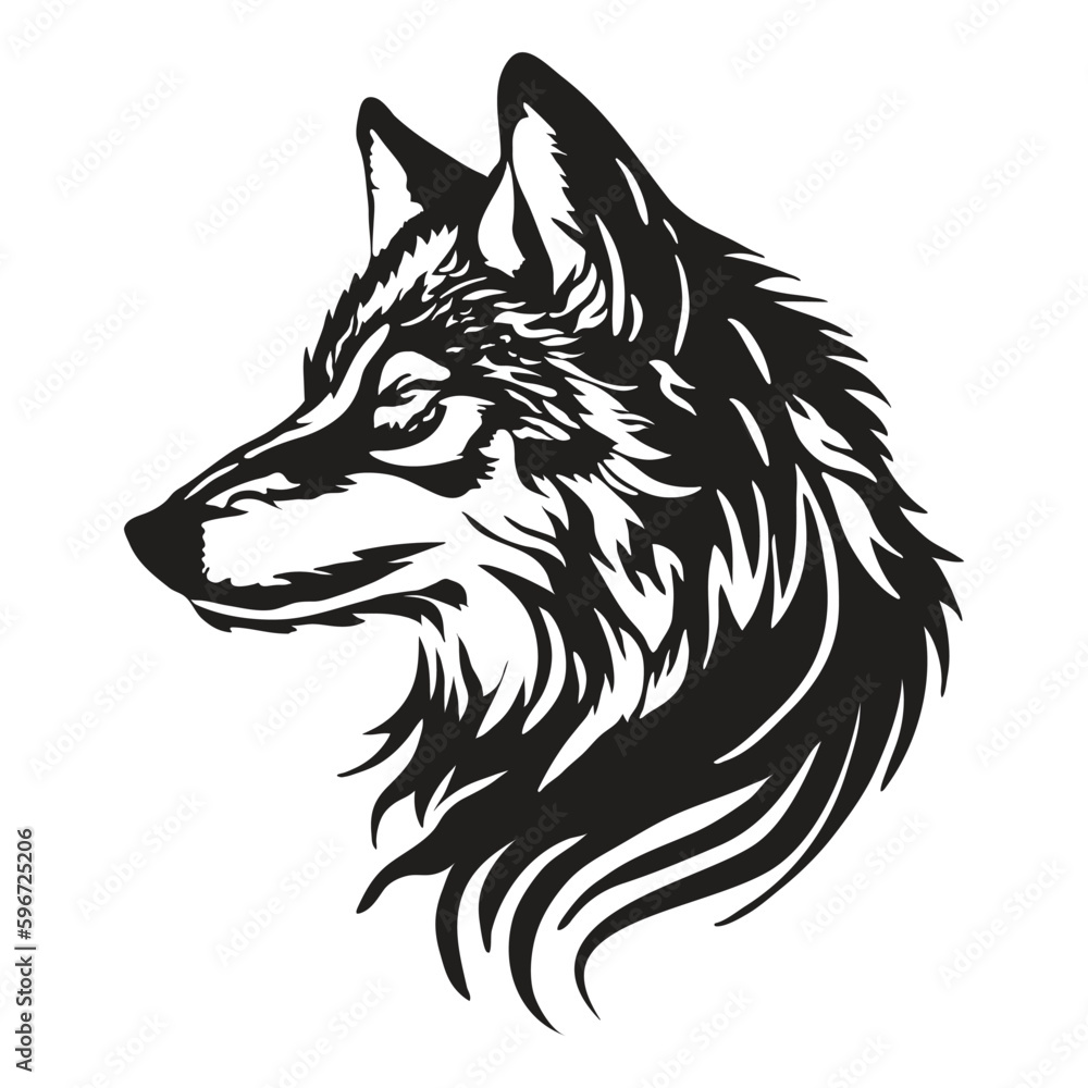 Wolf head vector. Tribal tattoo. Black silhouette on a white background.
Wolf head vector. Tribal tattoo. Black silhouette on a white background.