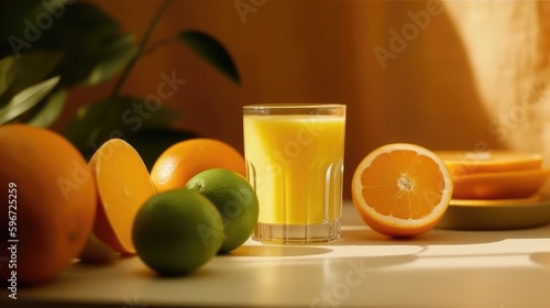 Orange juice in a mug on the table with orange. Summer delicious drink on a orange background. AI generated