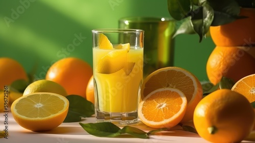 Orange juice in a mug on the table with orange. Summer delicious drink on a green background. AI generated