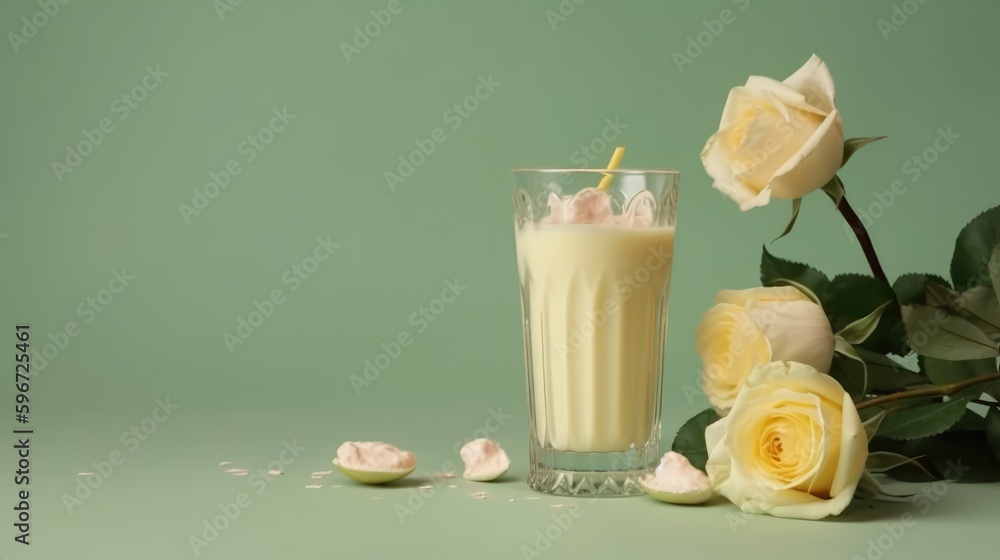 Milkshake in a mug on the table with oranges and rose. Summer delicious drink on a yellow background. AI generated Milkshake in a mug on the table with oranges and rose. Summer delicious drink on a yellow background. AI generated