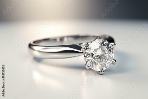 3D rendering of a solitaire diamond engagement ring on a white background. Generative AI photo