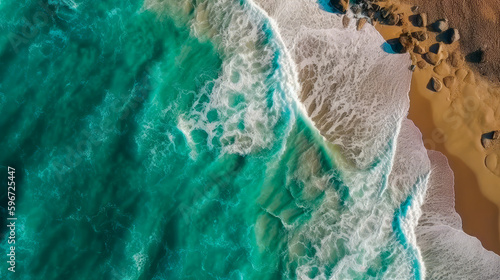 Aerial view of the beach with sea waves as background. Beautiful natural summer vacation background. Generative AI