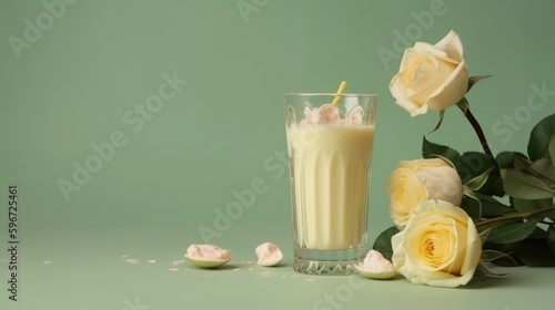 Milkshake in a mug on the table with oranges and rose. Summer delicious drink on a yellow background. AI generated