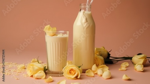 Milkshake in a mug on the table with rose. Summer delicious drink on a yellow background. AI generated