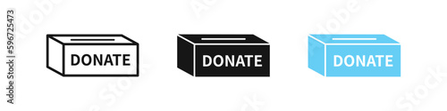 Donate box icon. Charity symbol. Give money, support signs. Fundraising symbols. Fundraiser icons. Black, blue color. Vector sign.