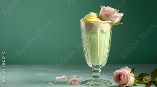 Milkshake in a mug on the table with roses. Summer delicious drink on a green background. AI generated